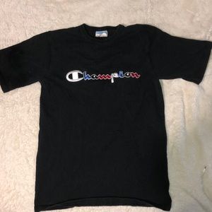 Red, White, and Blue Champion shirt.